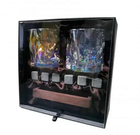 Подарочный набор для виски 2 стакана, подставка с камнями AmiroTrend ABW-311 brown pearl