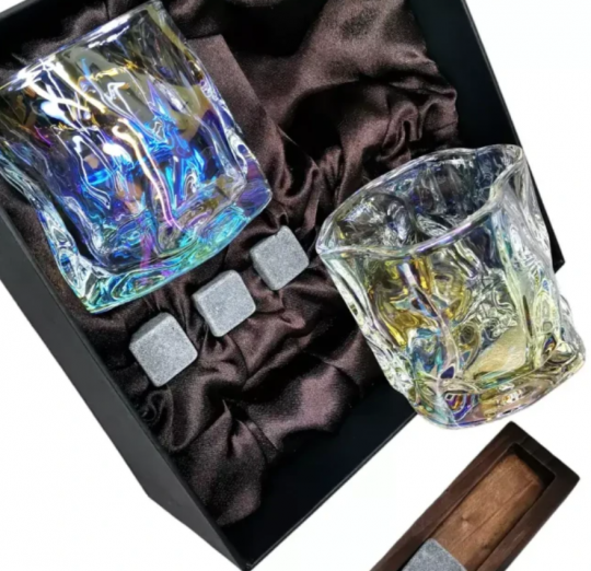 Подарочный набор для виски 2 стакана, подставка с камнями AmiroTrend ABW-311 brown pearl