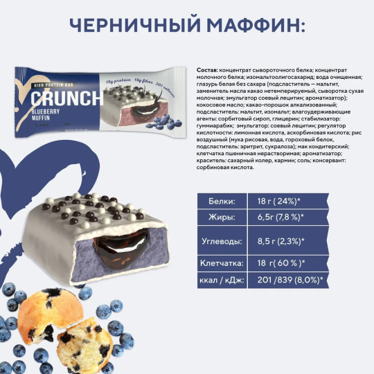 Протеиновый батончик BootyBar Crunch, ПП батончики без сахара, Черничный маффин, 16 шт х 60 гр