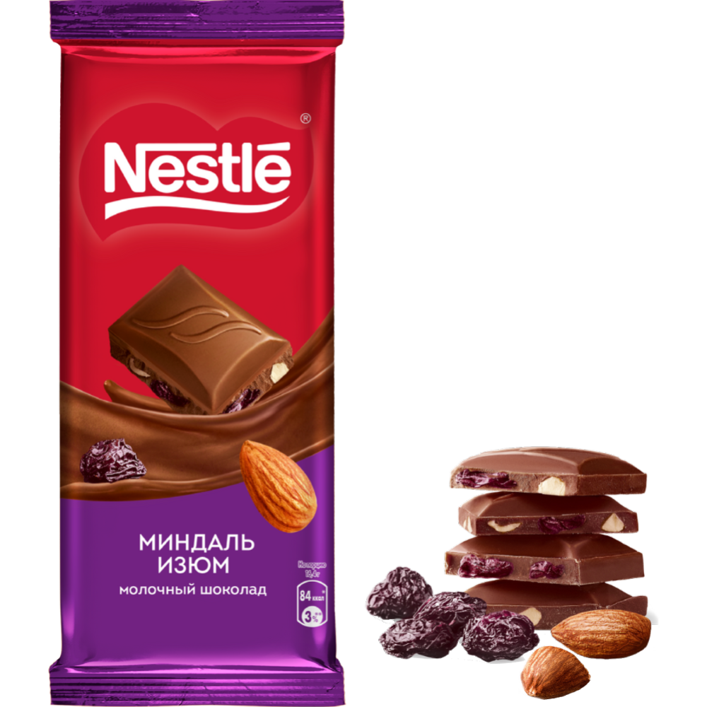 Шо­ко­лад «Nestle» мо­лоч­ный, с мин­да­лем и изюмом, 82 г