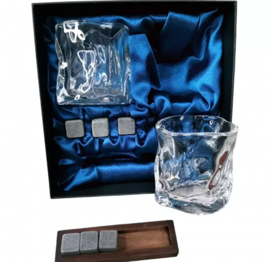 Подарочный набор для виски 2 стакана, подставка с камнями AmiroTrend ABW-311 blue crystal