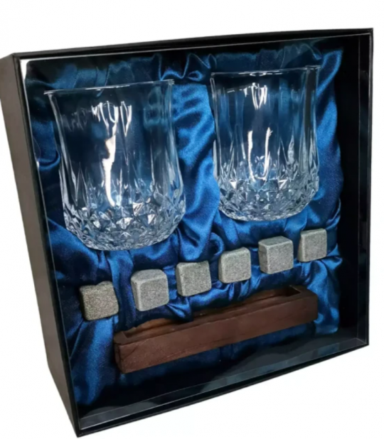 Подарочный набор для виски 2 стакана, подставка с камнями AmiroTrend ABW-310 blue
