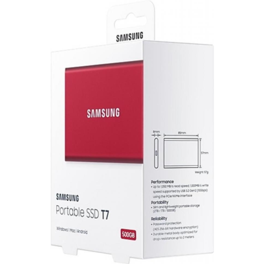 Внешний жесткий диск «Samsung» T7 500GB, USB 3.2, красный металлик, MU-PC500R/WW