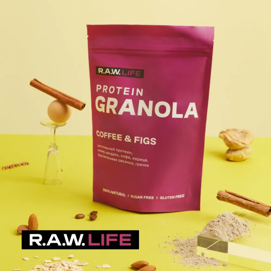 Гранола протеиновая без сахара, без глютена R.A.W. LIFE "PROTEIN GRANOLA Кофе и инжир", 220 г