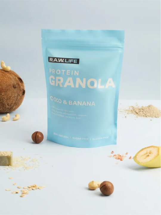 Гранола протеиновая без сахара, без глютена R.A.W. LIFE "PROTEIN GRANOLA Кокос Банан", 220 г набор 3 шт