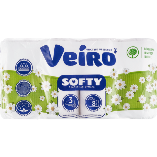 Туалетная бумага «Veiro» Softy, белый, 3 слоя, 8 рулонов