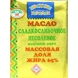 Масло слад­ко­с­ли­воч­ное «По­ста­вы го­ро­до­к» несо­ле­ное, 65%, 180 г