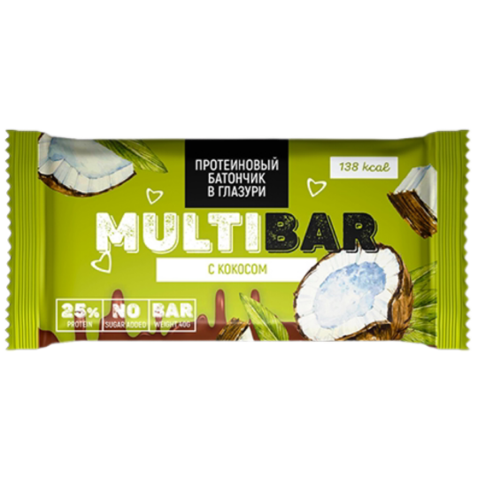 Протеиновый батончик «Multibar» в глазури, c кокосом, без сахара, 40 г