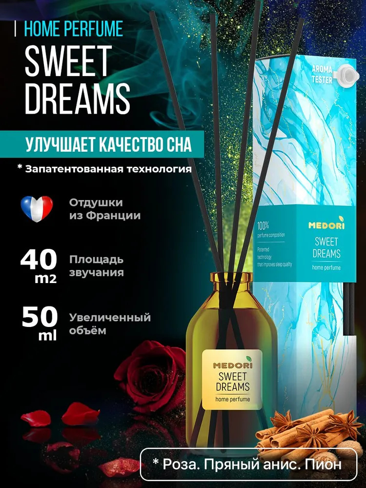 Ароматический диффузор 50мл Sweet dreams 4х4х21,5см, настольный, стекло, палочки из микрофибры, отдушка, с пробником аромата, в коробке, Medori