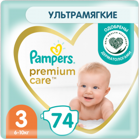 Под­гуз­ни­ки «Pampers» Premium Care  Размер 3, 6-10 кг, 74 шт