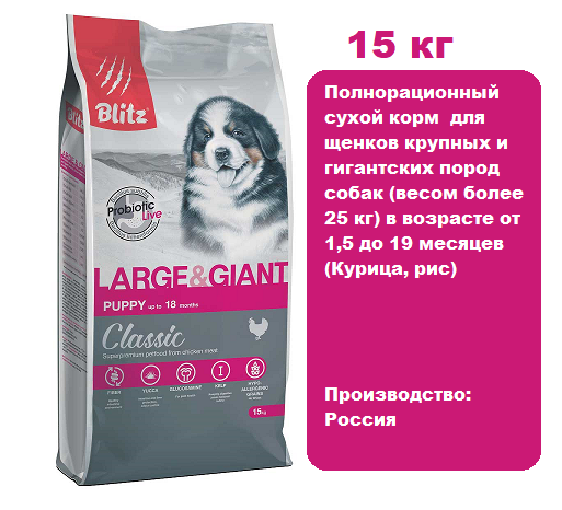 BLITZ Classic Puppy Large & Giant (Курица, рис) 15 кг. Сухой корм для щенков крупных и гигантских пород