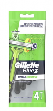 Gillette Одноразовые Мужские Бритвы Blue3 Simple Sensitive, с 3 лезвиями в станке, плавающая головка, 4 шт