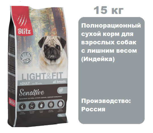 BLITZ Sensitive Adult Light & Fit (Индейка), 15 кг.  Сухой корм для взрослых собак с лишним весом