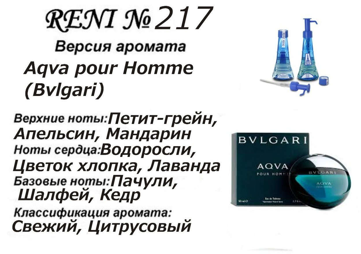 Духи Рени Reni 217 Аромат направления Agua pour Homme (Bvlgari) -100 мл