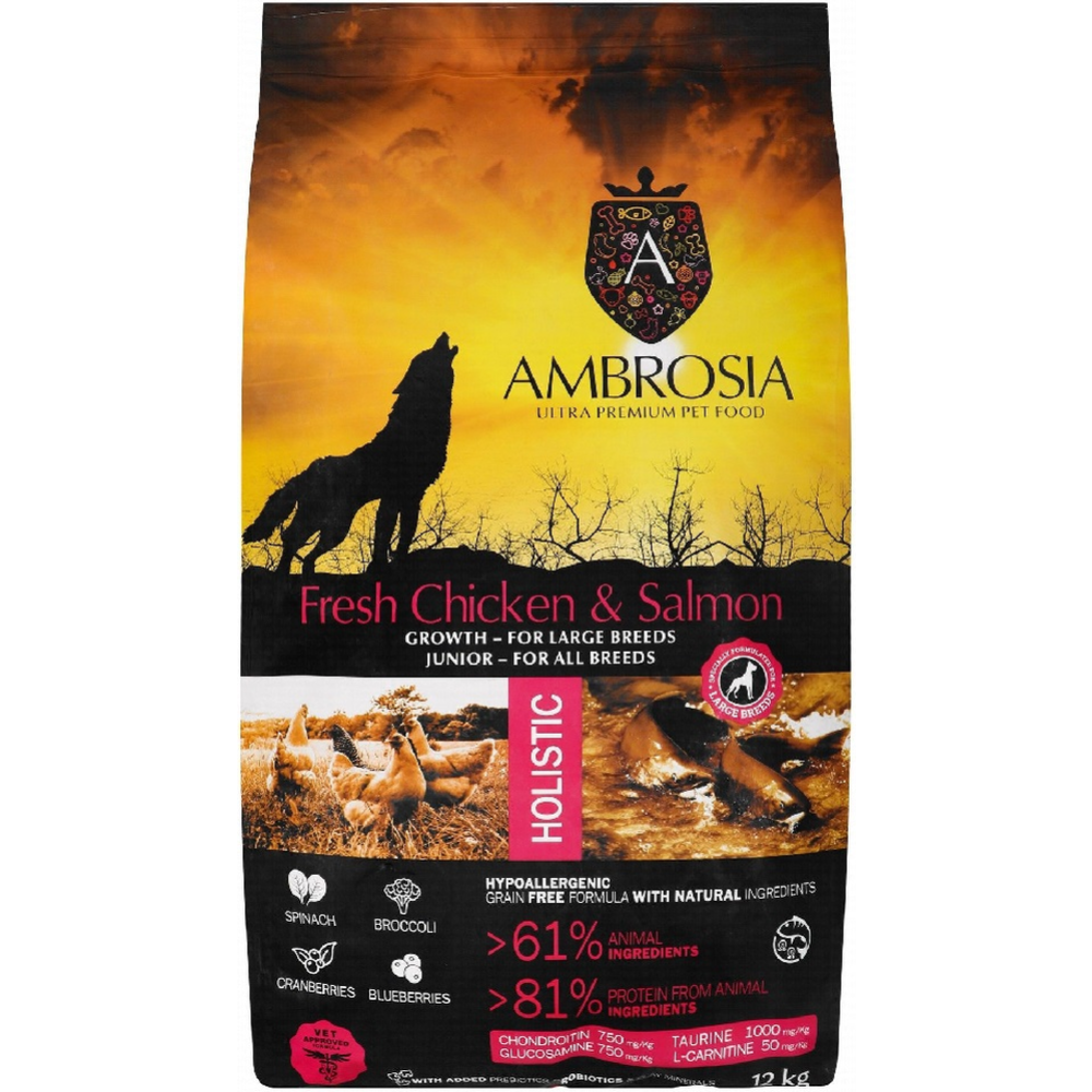 Корм для щенков «Ambrosia» Grain Free, для крупных пород и юниоров, курица и лосось, 12 кг