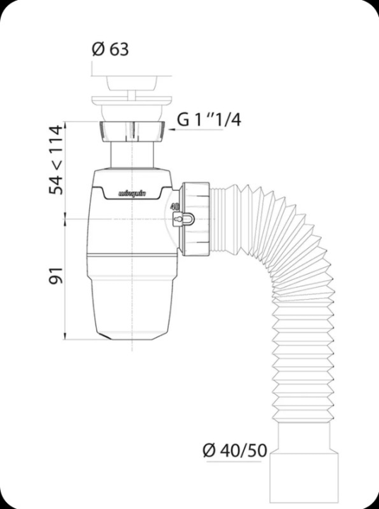 Сифон WIRQUIN NEO с выпуском 1 1/4 х 40мм и гофрой L800 мм. 40/50 мм