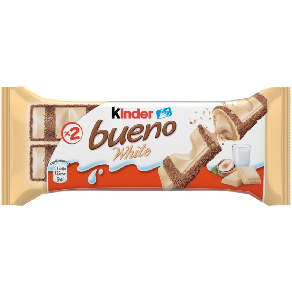 Вафли «Kinder» Bueno, в белом шоколаде, с молочно-ореховой начинкой, 39 г
