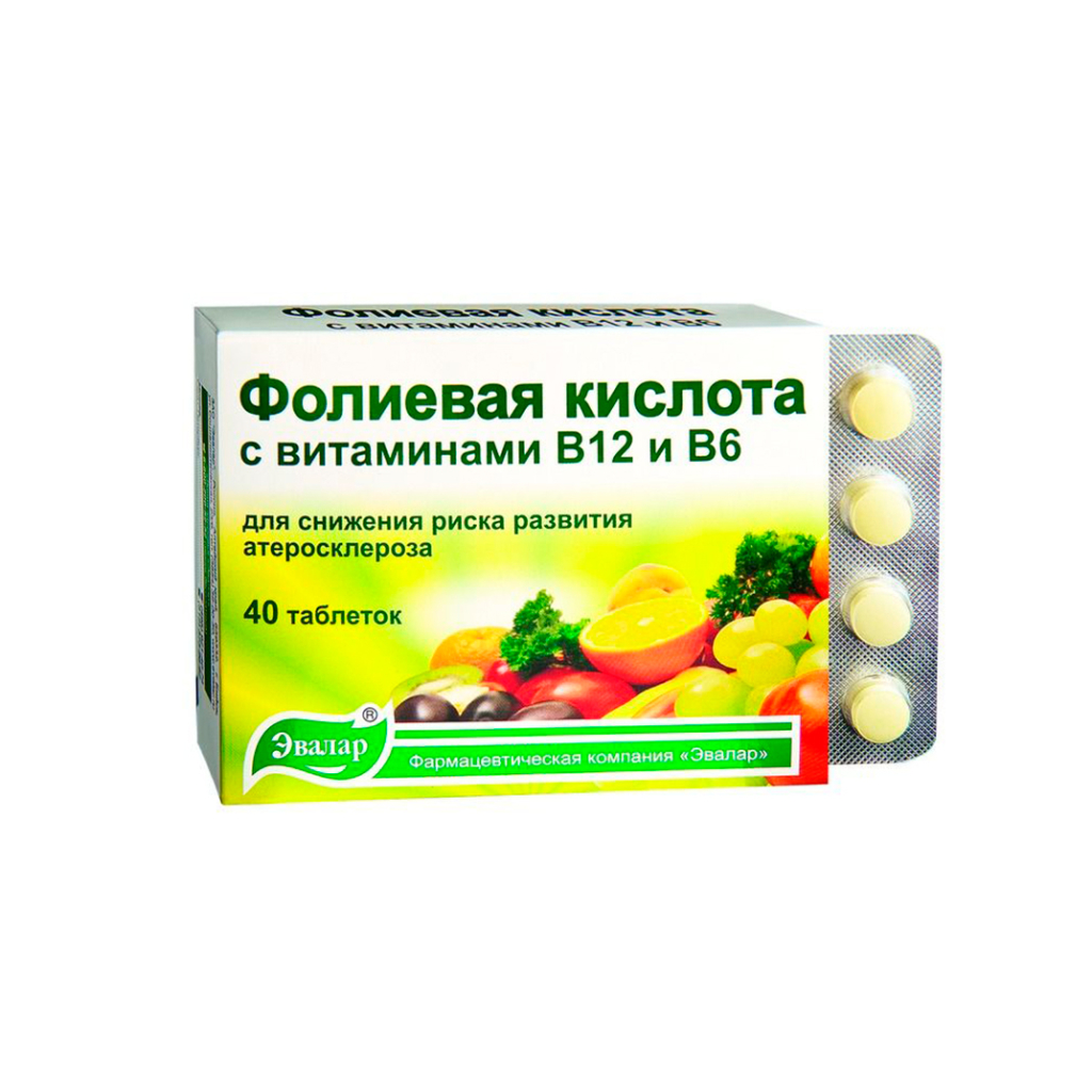 Эвалар БАД Фолиевая кислота с витаминами В12 и В6 таблетки №40