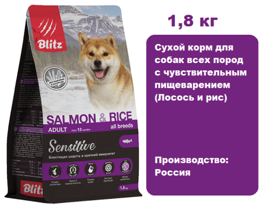 BLITZ Sensitive Adult (Лосось и рис), 1,8 кг.  Сухой корм для собак всех пород с чувствительным пищеварением