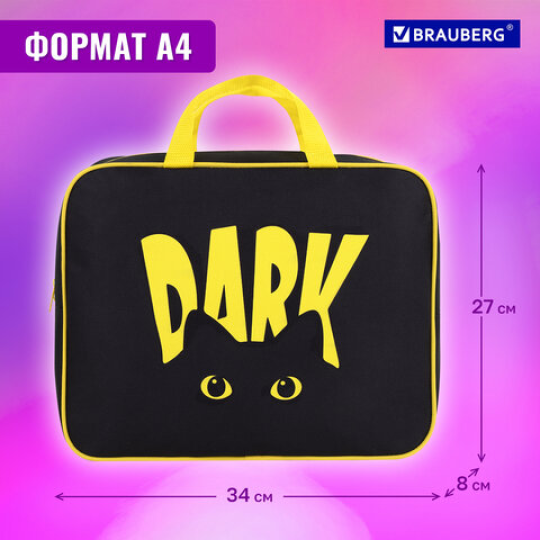 Папка на молнии с ручками BRAUBERG А4, 1 отделение, полиэстер, 80 мм, "Dark cat"