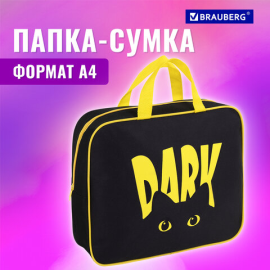 Папка на молнии с ручками BRAUBERG А4, 1 отделение, полиэстер, 80 мм, "Dark cat"