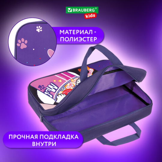 Папка на молнии с ручками BRAUBERG KIDS А4, 1 отделение, полиэстер, 80 мм, "Sweet cheeks"