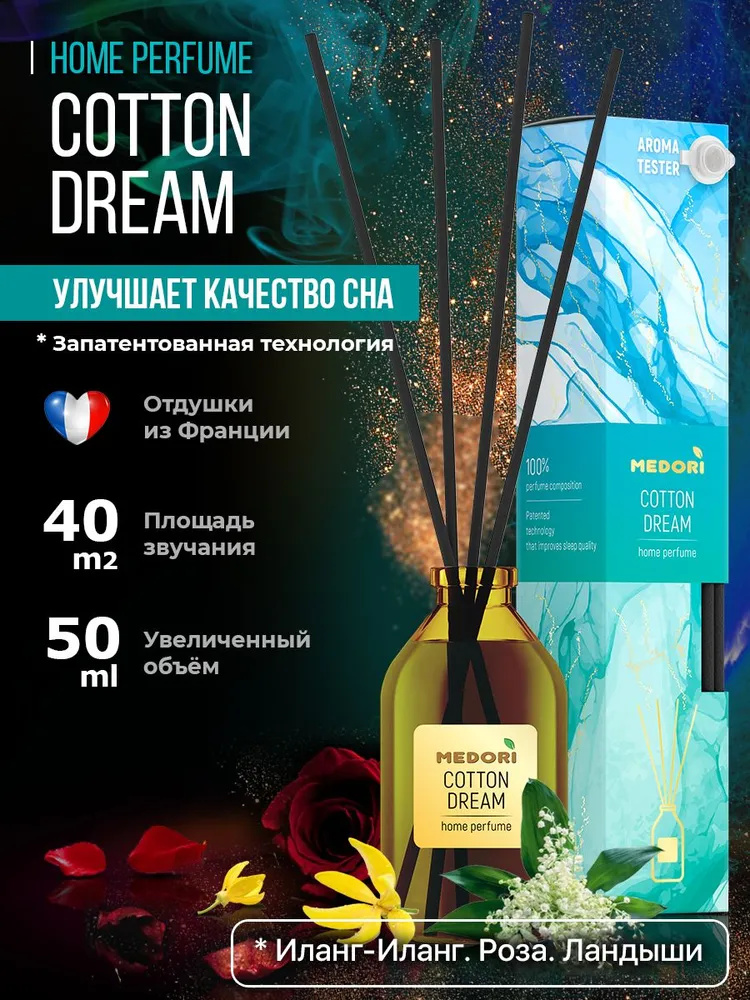 Ароматический диффузор 50мл Cotton Dream 4х4х21,5см, настольный, стекло, палочки из микрофибры, отдушка, с пробником аромата, в коробке, Medori