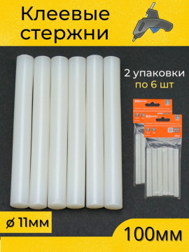 Клеевые стержни универсальные белые, 11 мм x 100 мм, 2 упаковки, "Алмаз" TDM SQ1024-0511(2)