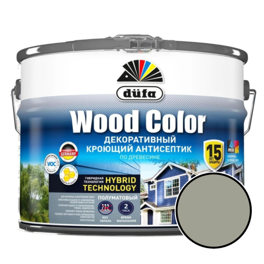 Декоративный кроющий антисептик (краска) для дерева Dufa WOOD COLOR (Дюфа), водооталкивающий, полуматовый, Серый шелк, 9 л