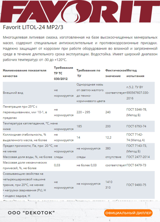 Литол -24 Favorit ЛЮКС 230г