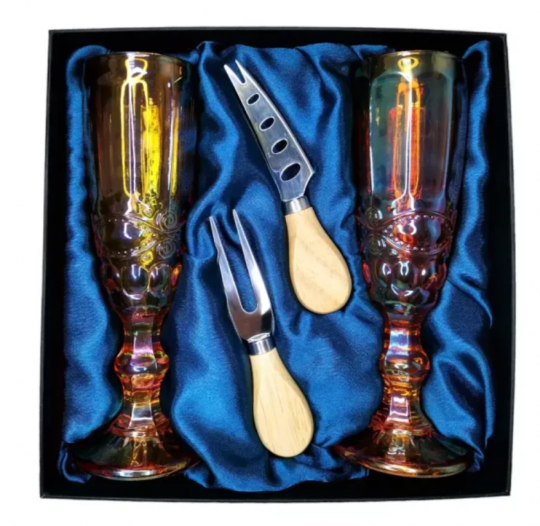 Подарочный набор для игристого и сыра, 2 бокала, нож, вилка AmiroTrend ABW-503 blue amber