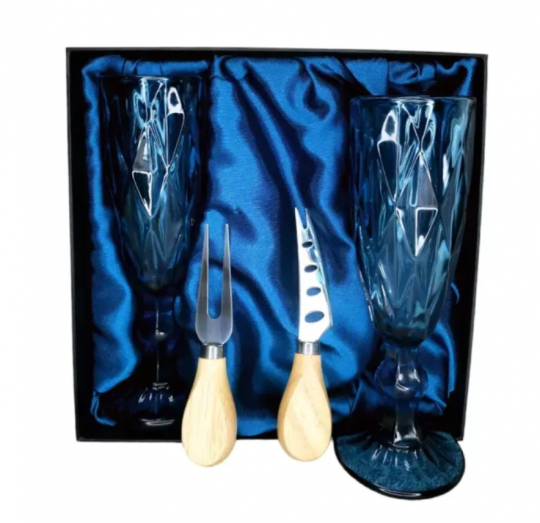 Подарочный набор для игристого и сыра, 2 бокала, нож, вилка AmiroTrend ABW-502 blue