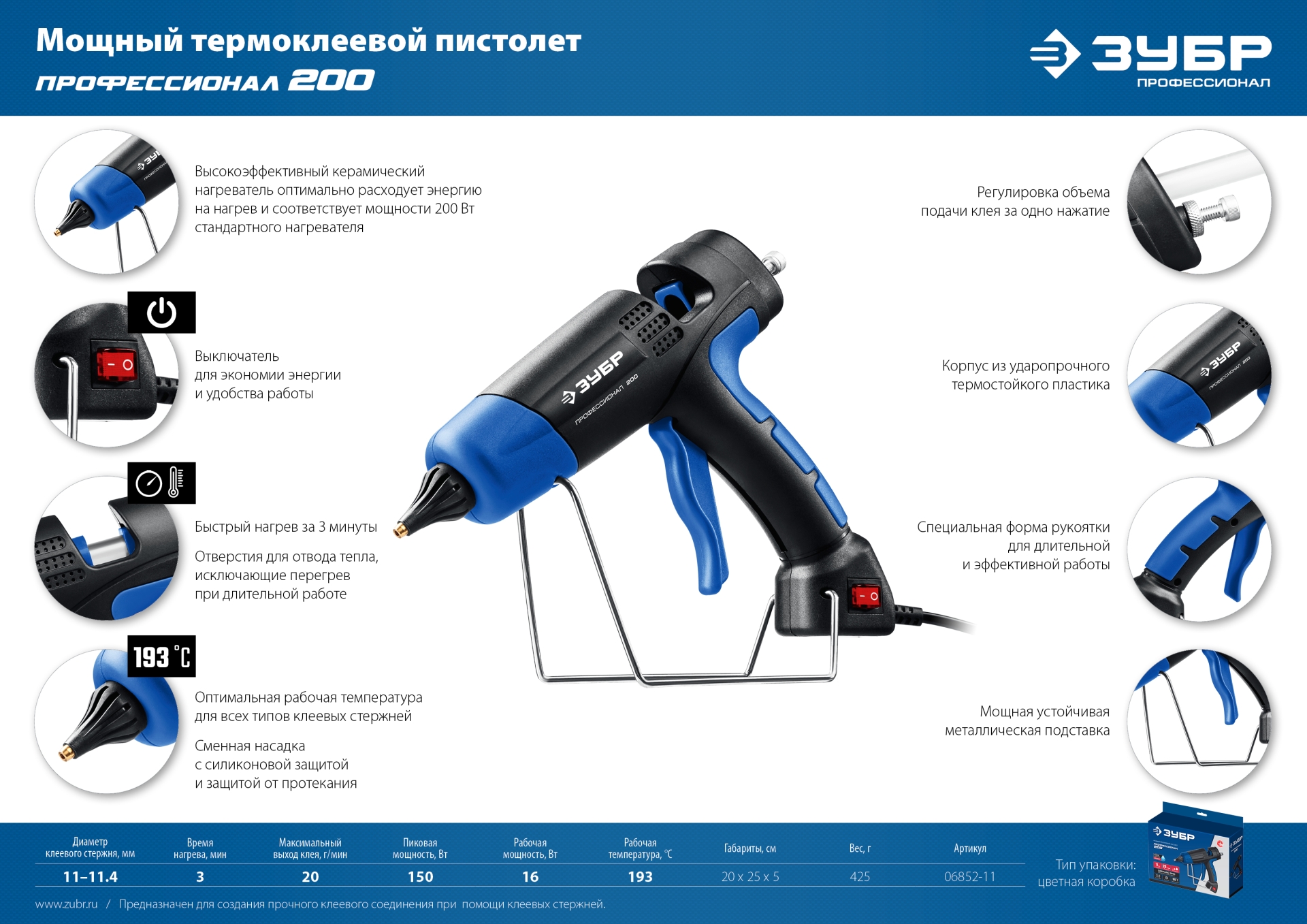 Пистолет термоклеевой электрический d11 мм, 20г/мин, ЗУБР Профессионал 200 (06852-11)