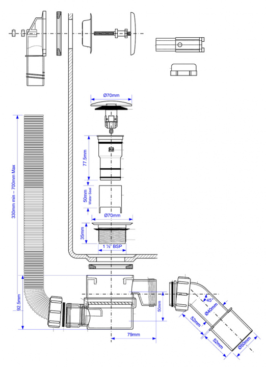 Сифон для ванны McAlpine MRB-12, Click-Clack, прочистка снаружи, L-70 см