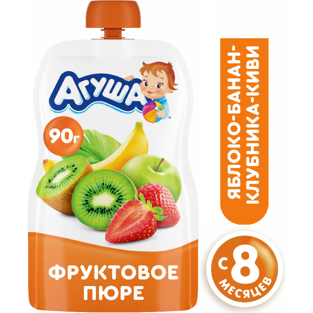 Пюре фрутово-ягодное «Агуша» яблоко-банан-клубника-киви, 90 г #0