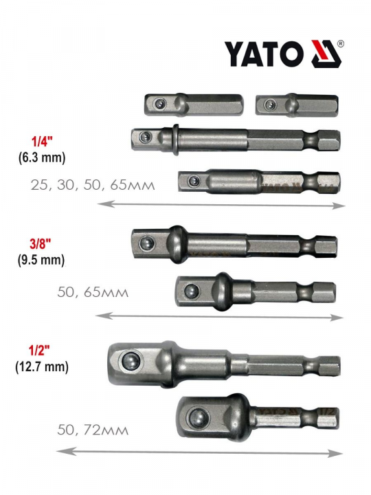 Переходники для шуруповерта под головки 1/4", 3/8", 1/2" 8шт. Yato YT-04639