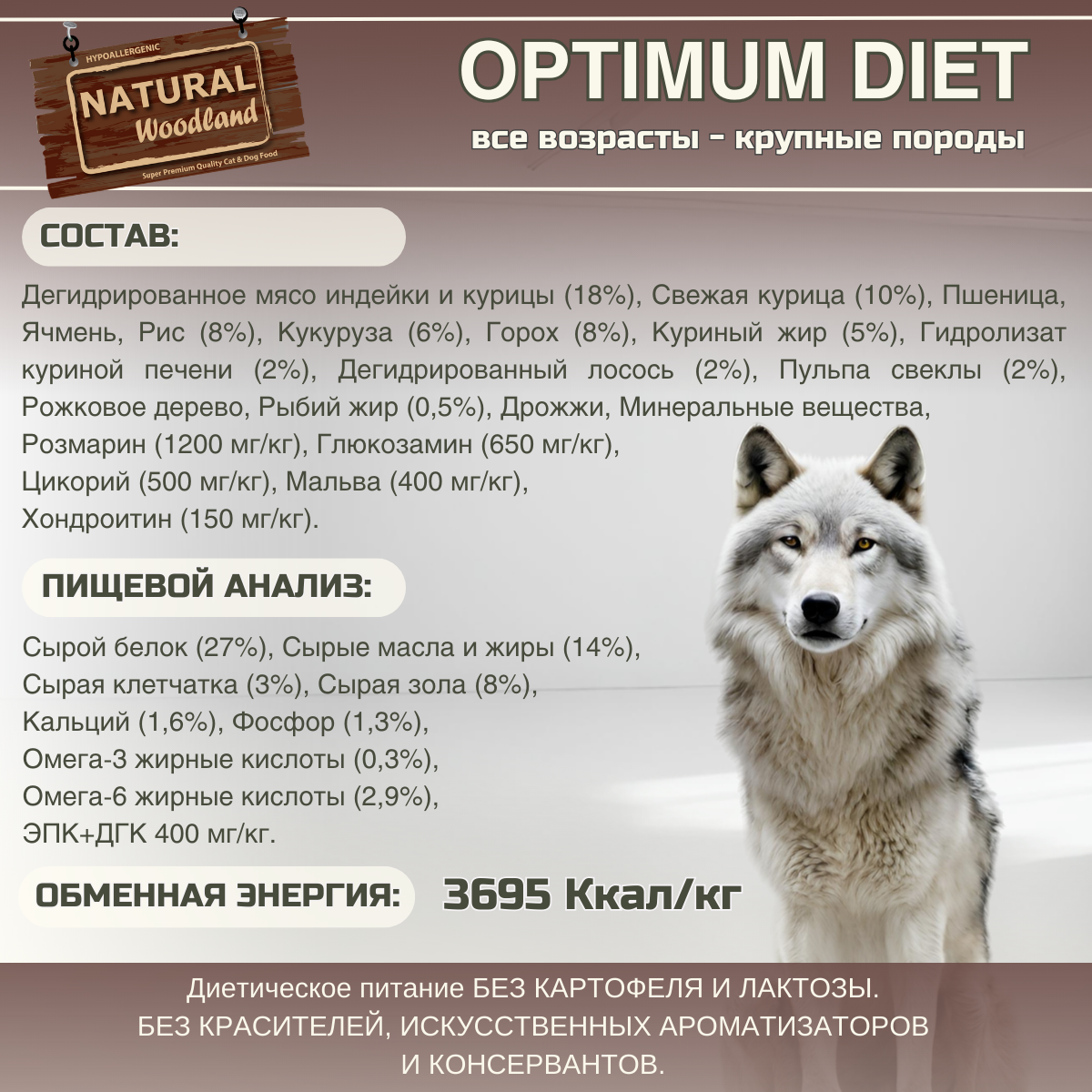 Сухой корм Natural Woodland Optimum 10 кг для крупных собак всех возрастов (щенки, взрослые, пожилые), сжигание жира, укрепление мышц и суставов, индейка с курицей