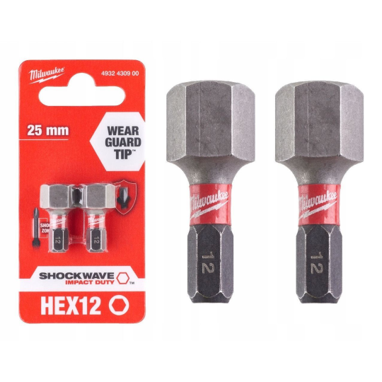 Hex H12x25мм (2шт) Бита для шуруповёрта ударная Shockwave MILWAUKEE