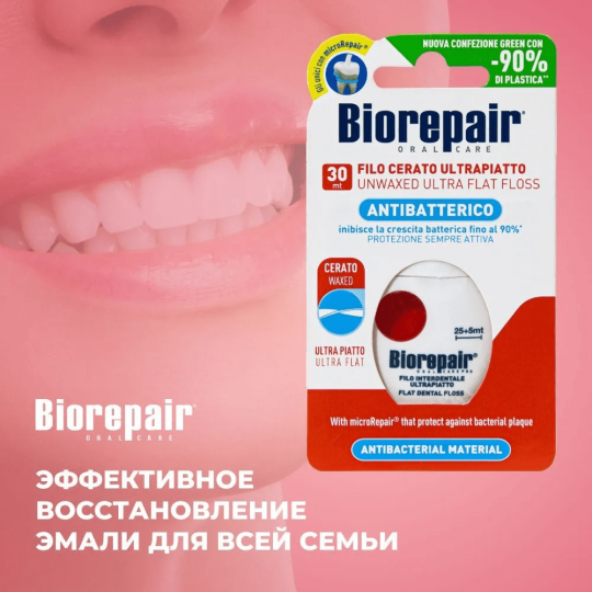 Зубная нить / нитка невощеная ультра-плоская Biorepair Filo Non Cerato Ultrapiatto 2 шт. х 30 м