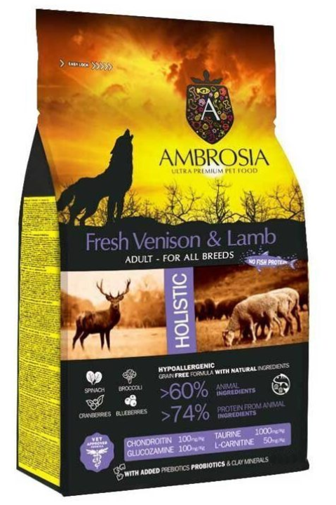 Сухой корм для собак AMBROSIA с олениной и ягненком, 12 кг