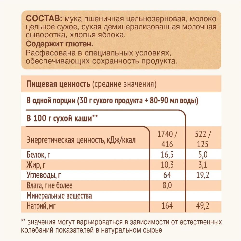 Каша мо­лоч­ная цель­но­зер­но­вая «Nutrilak» Premium пшеничная с яблоком, 200 г