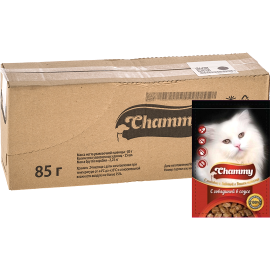 Уп. Корм для кошек «Chammy» говядина в соусе, 25х85 г