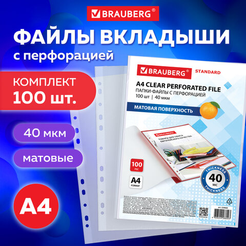 Папки-файлы перфорированные А4 BRAUBERG "STANDARD", КОМПЛЕКТ 100 шт., матовые, 40 мкм, 229660