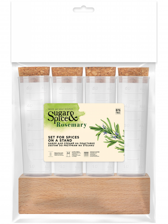 Набор для специй Sugar&Spice Rosemary 4 шт. на деревянной подставке