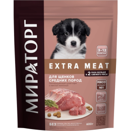 Корм для щенков «Мираторг» Extra Meat, для средних пород, от 3 до 12 месяцев, с нежной телятиной, 0.6 кг