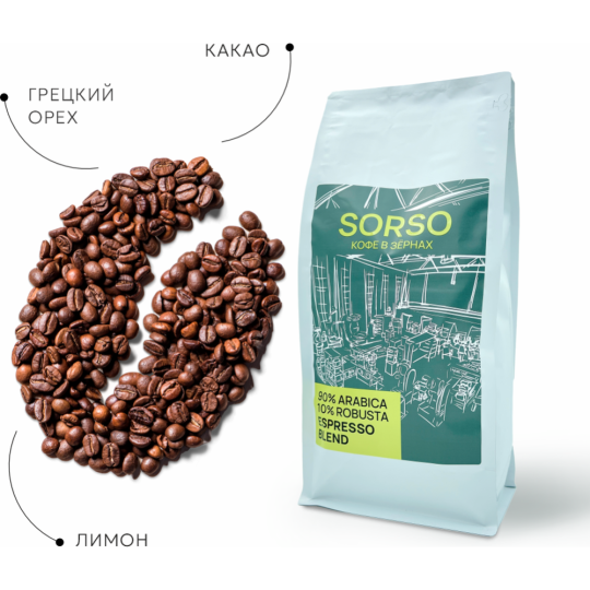 Кофе натуральный жареный в зернах «Espresso Blend Sorso 90% Арабика 10% Робуста» 1000 г