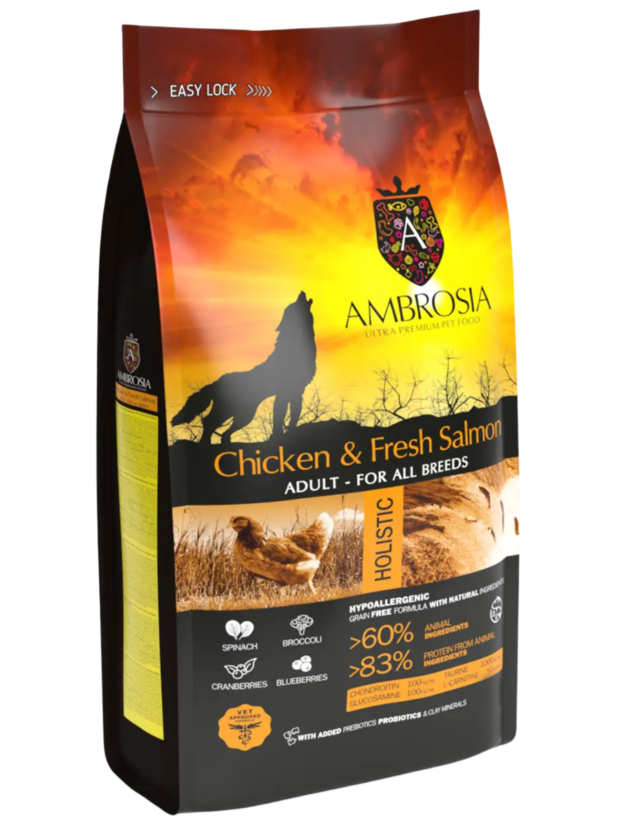 Корм сухой холистик "AMBROSIA GRAIN FREE" для собак всех пород, курица и лосось, 12кг