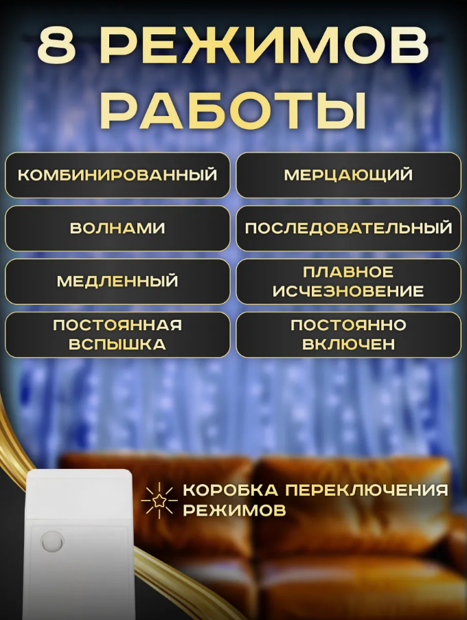 Гирлянда занавес-штора 3 м на 3 м Синий свет + подарок (Дождик, лампочки, новогодняя гирлянда)