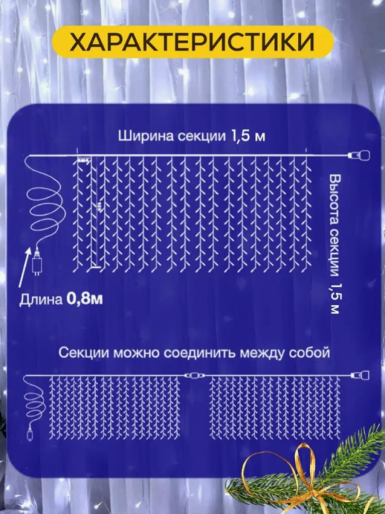 Гирлянда штора светодиодная 1,5 на 1,5м холодное свечение