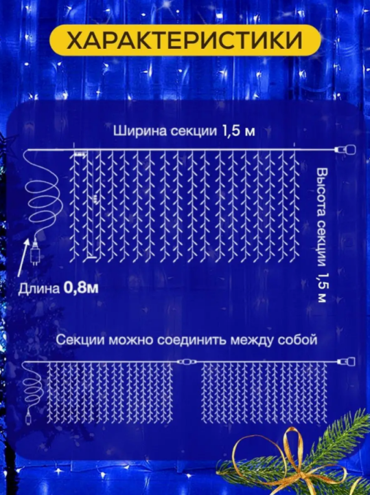 Гирлянда штора светодиодная 1,5 на 1,5м Синий цвет